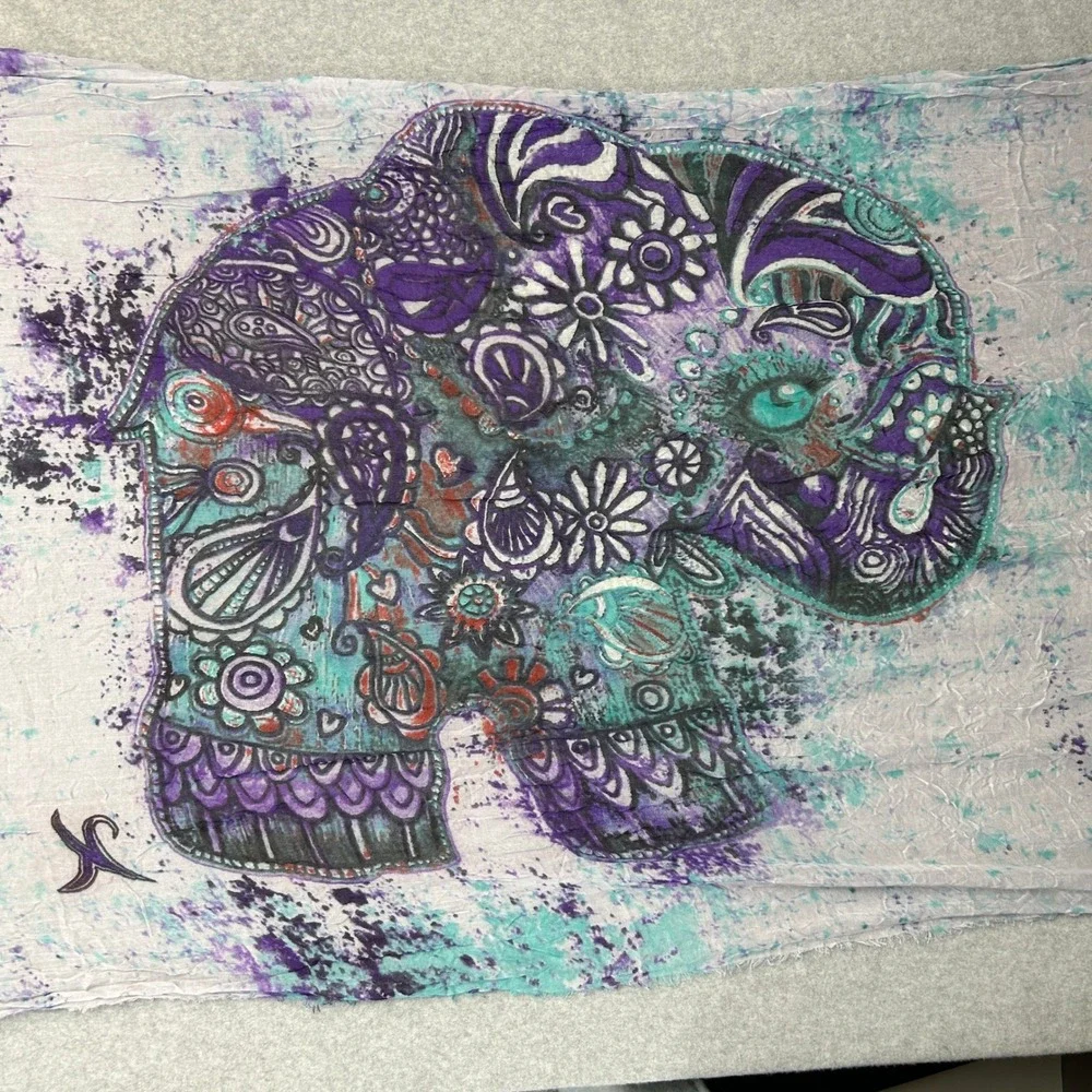 Blue Pacific Scarf Purple Teal Elephant Print Cashmere Silk Blend Bohemian Artsy